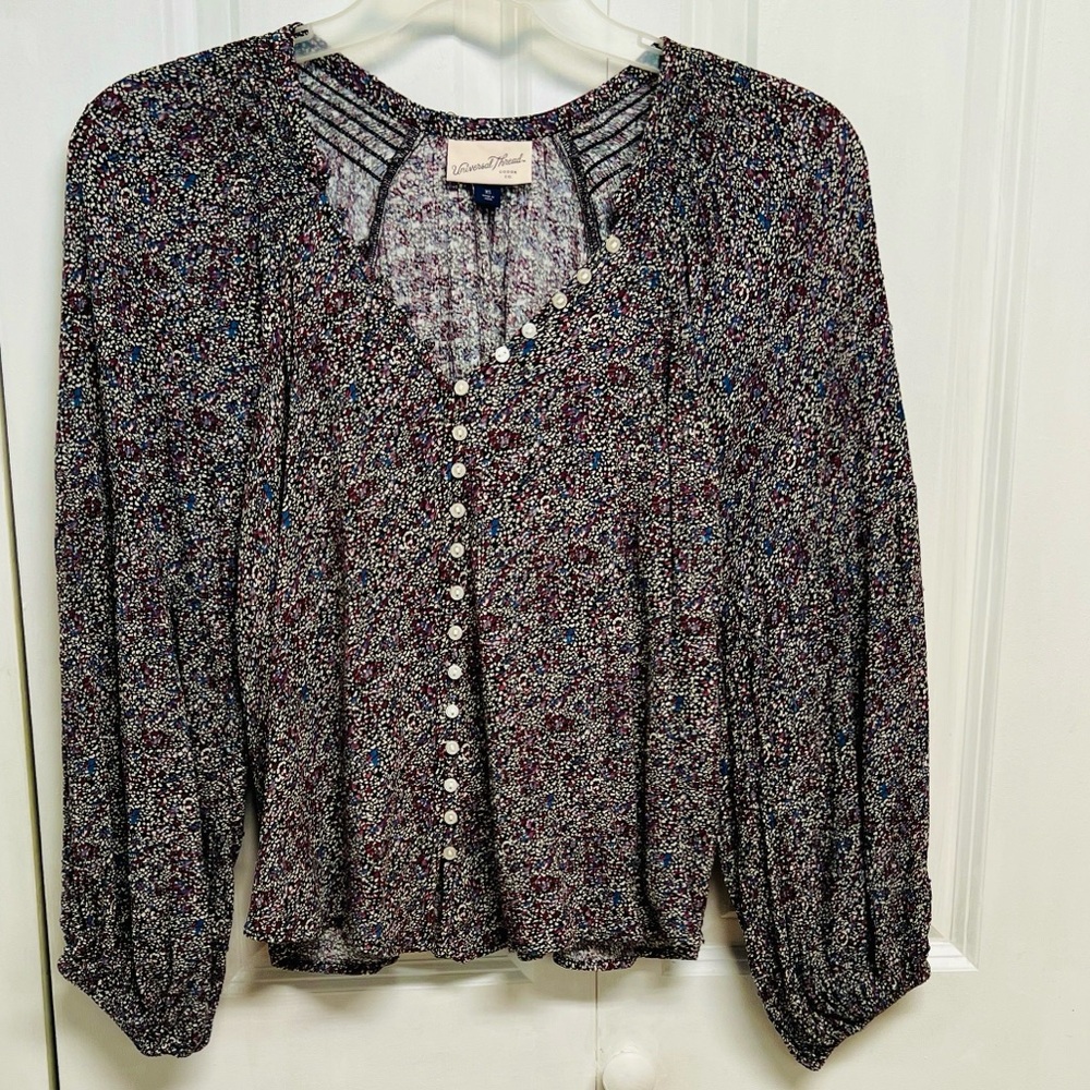 Universal Thread Black Multi Floral Pearl-Button Peasant Blouse Size XS